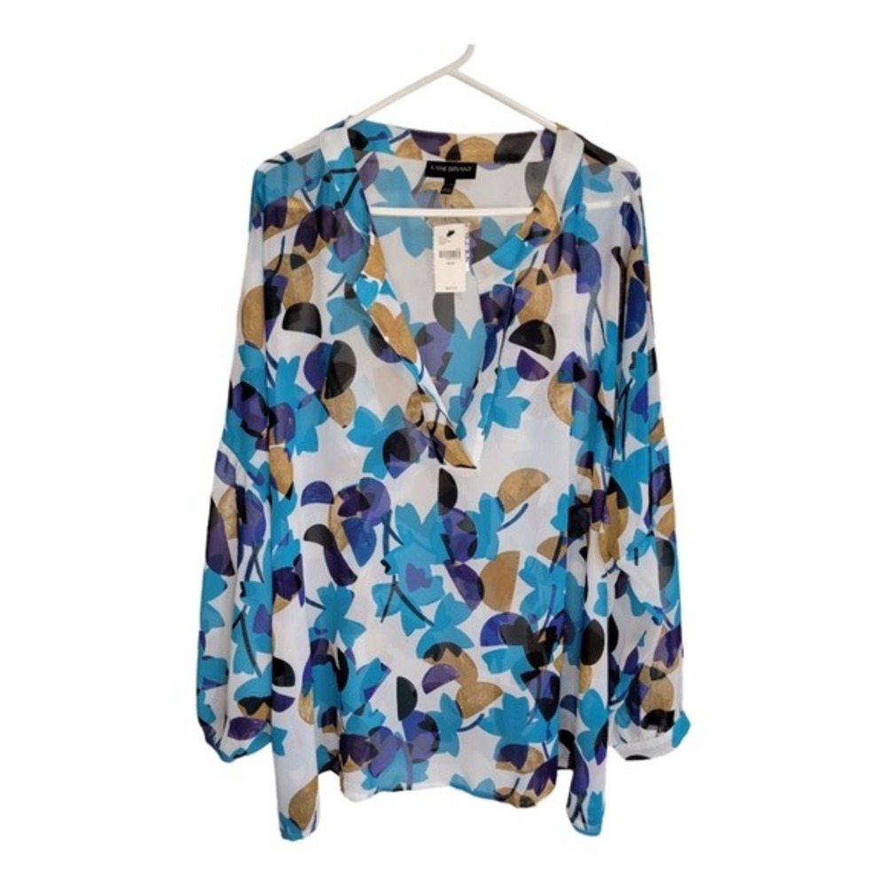 Lane‎ Bryant Plus Womans Blouse Abstract Modern Floral Semi Sheer Flowy Resort